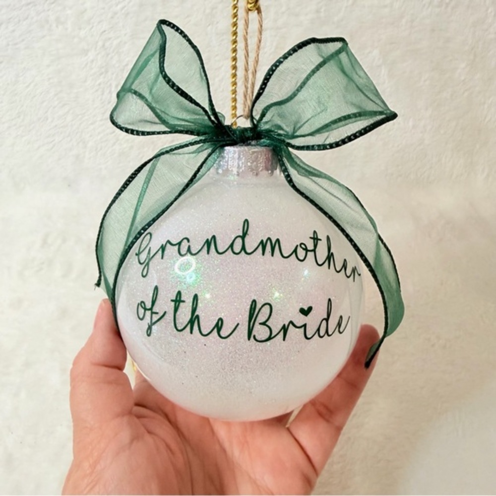 Elegant Glitter White Grandmother‎ of the Bride Ornament with Green Ribbon 5"